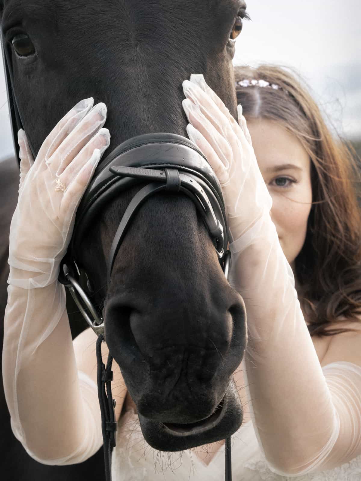 Bride in elegant white gloves lovingly caressing black horse