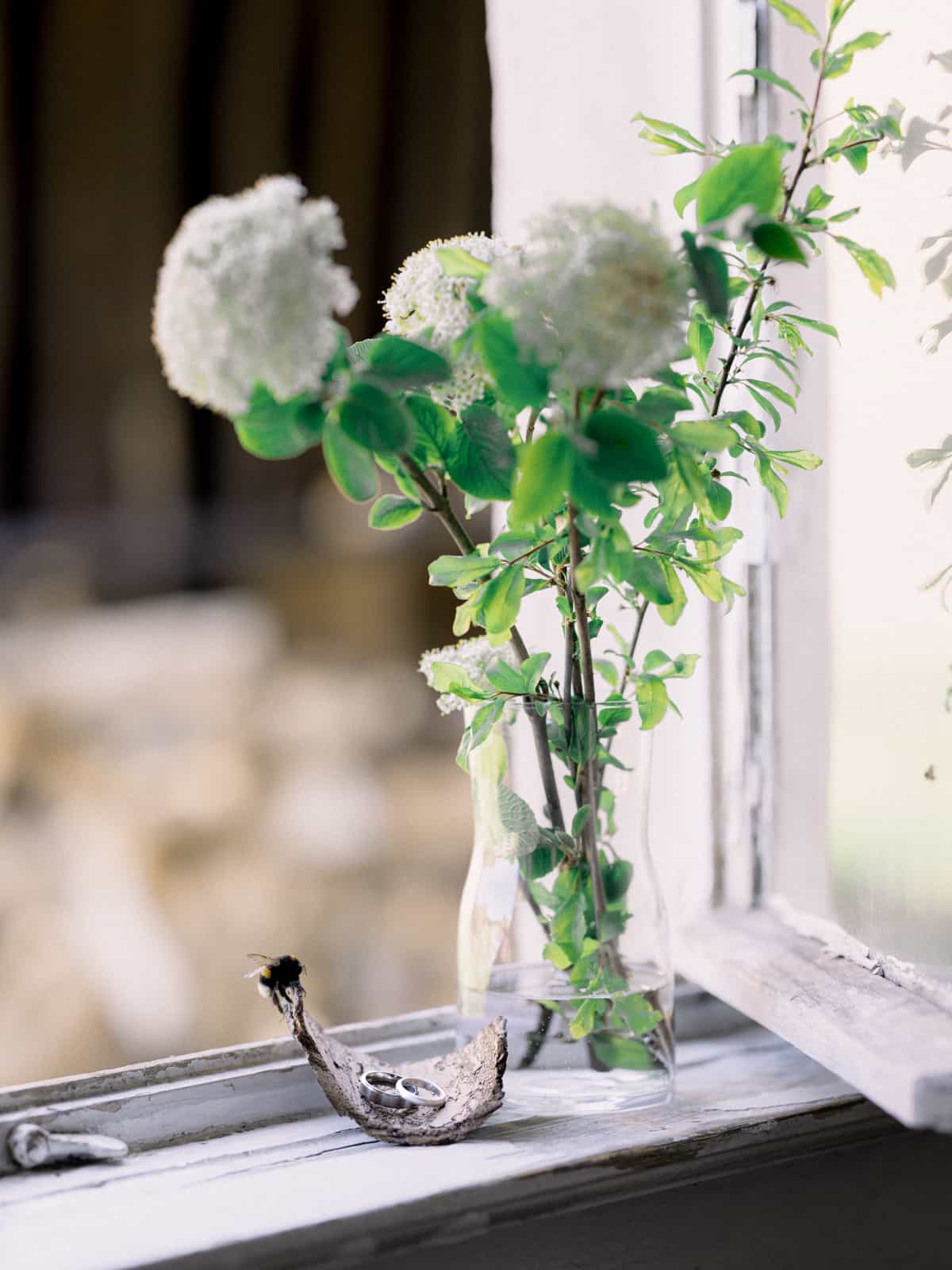 White hydrangeas in glass vase with driftwood on windowsill