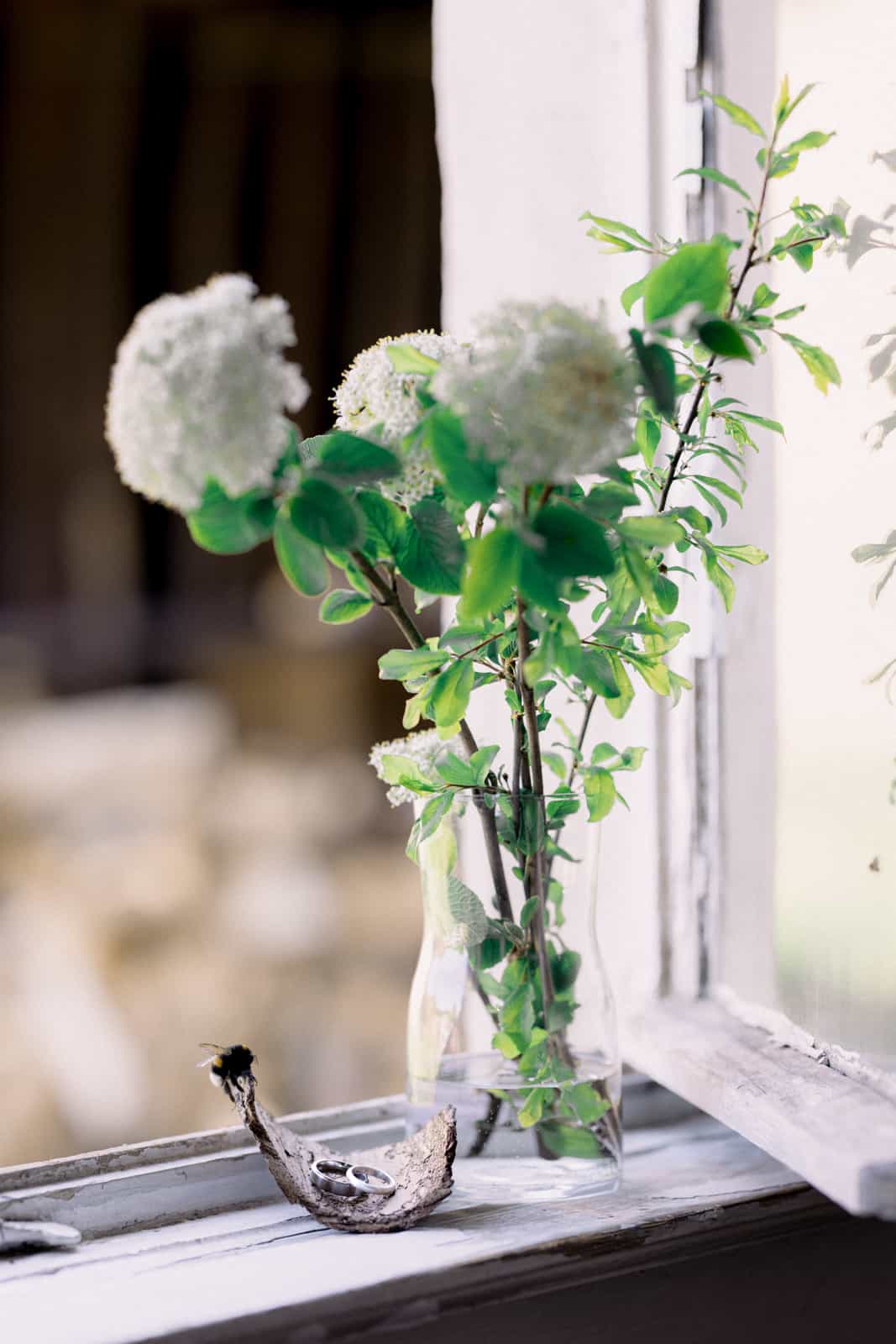 Wedding rings on bark with white hydrangeas and bumblebee on rustic windowsill