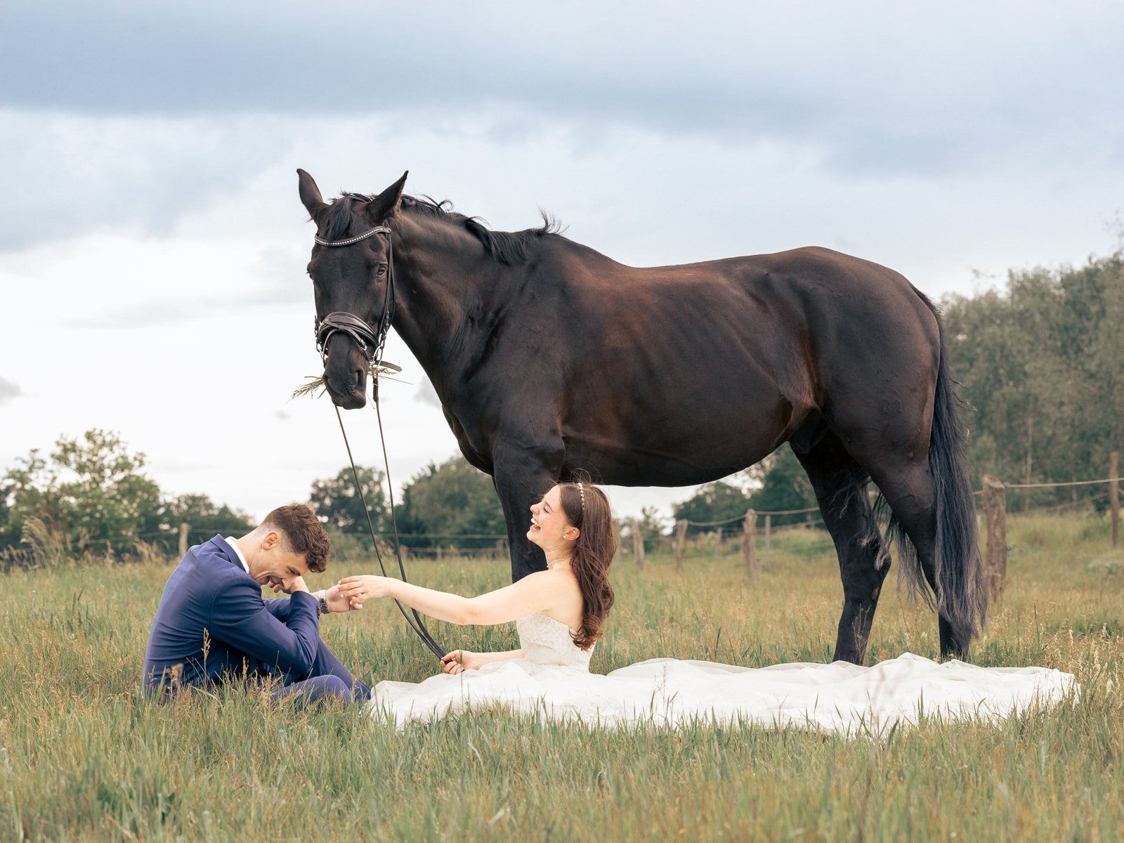 Couple sitting in grass next to black horse, groom kissing bride's hand