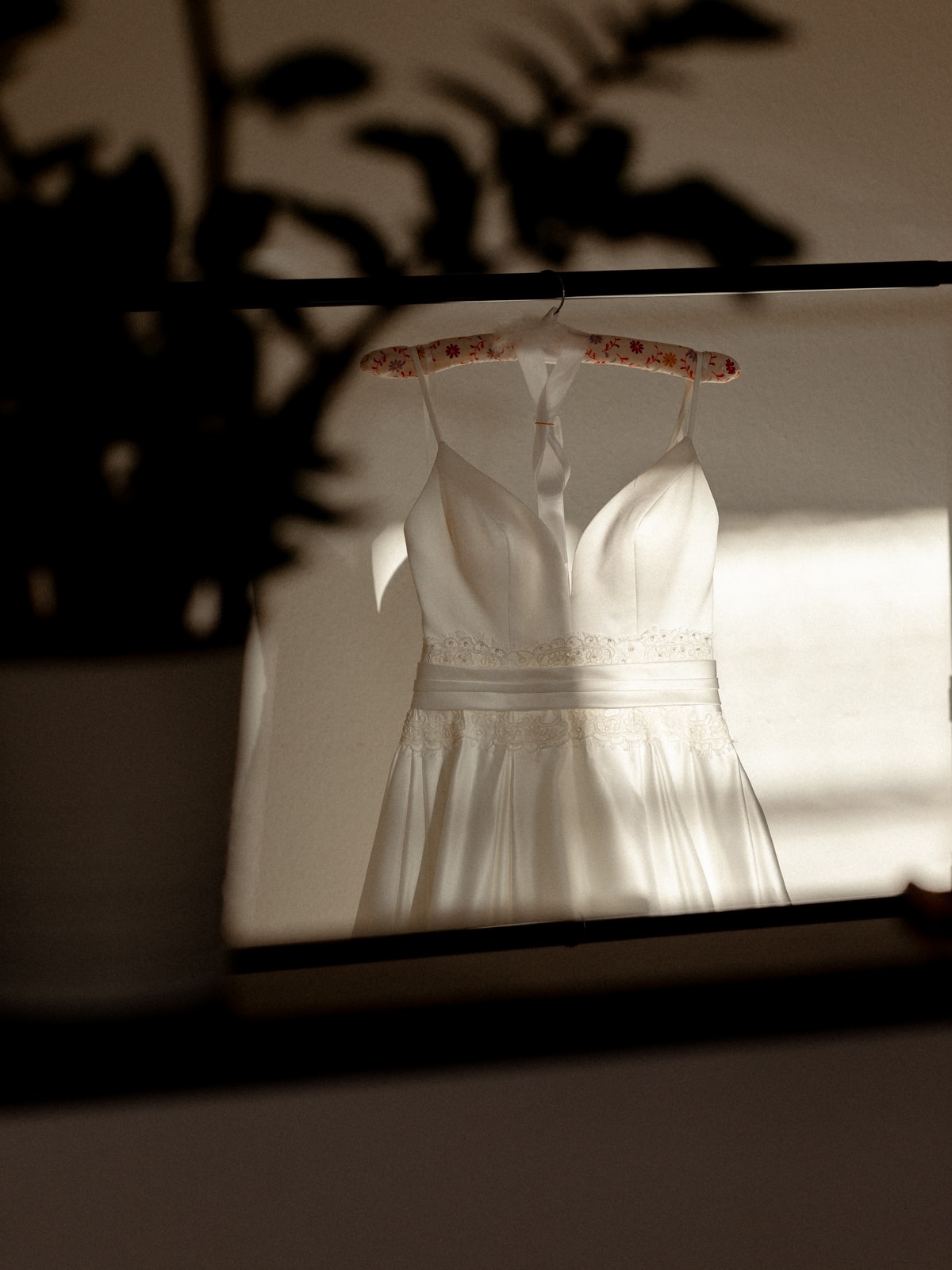White wedding dress framed by plant shadows in warm light