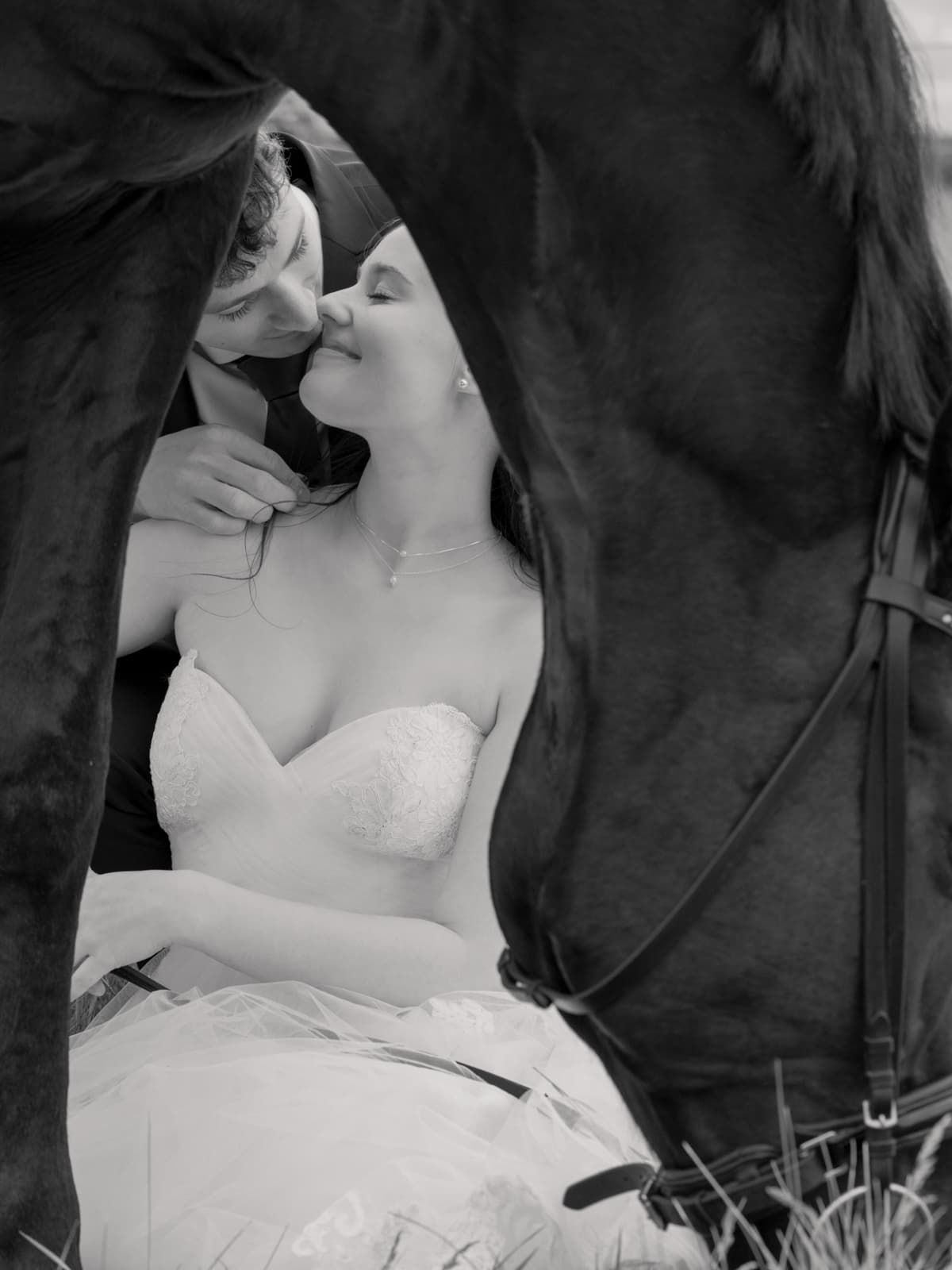 Intimer Kuss des Brautpaars, eingerahmt von schwarzem Pferdekörper